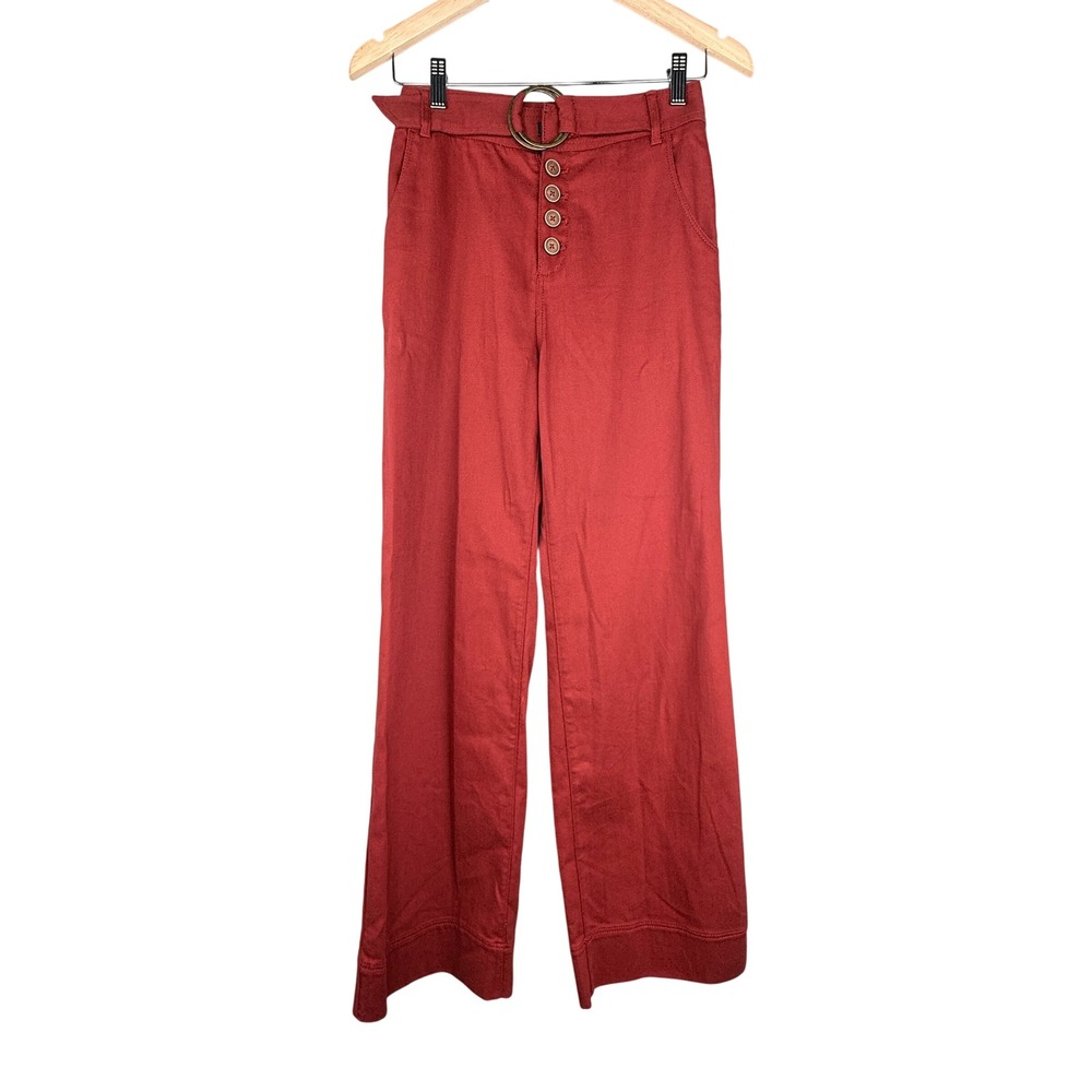 Anthropologie Rust Red Wide Leg D-Ring‎ Belted Button Fly Trousers Pants Size 0